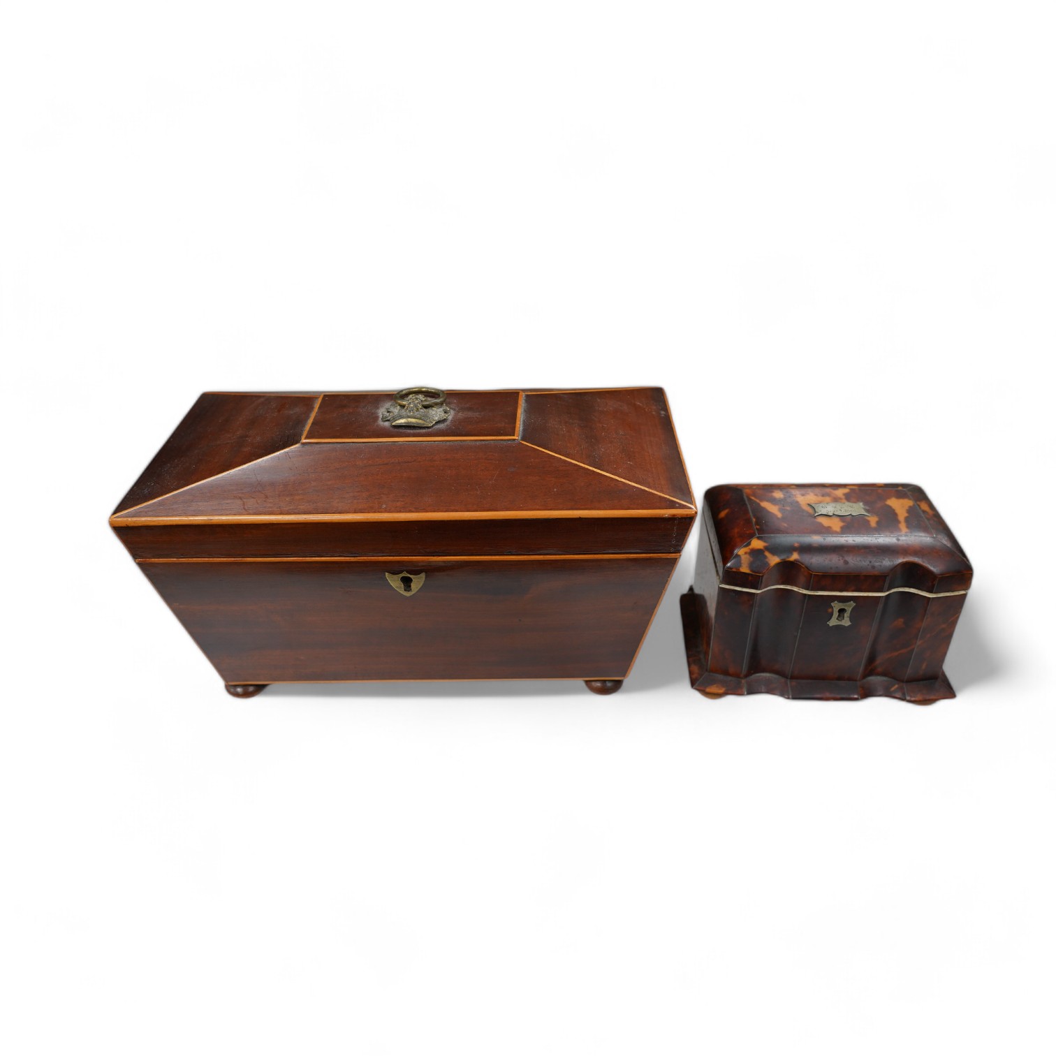 A 19th century tortoiseshell tea caddy with ivory banding together with a satinwood banded mahogany tea caddy, 28cm wide. Condition - poor to fair. CITES Submission reference MTBUUNZA